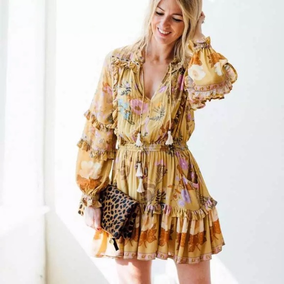 SOLD OUT Golden Floral Ruffle Fall Boho Long Sleeve Dress - Picture 2 of 12